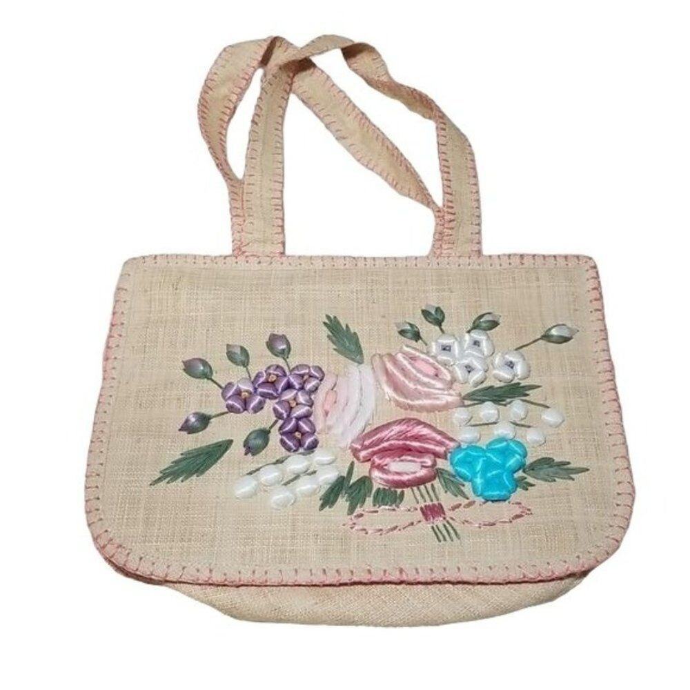 Vintage Straw Embroidered Fruit Tote Bag Floral Basket Beach Market Bag MCM Boho